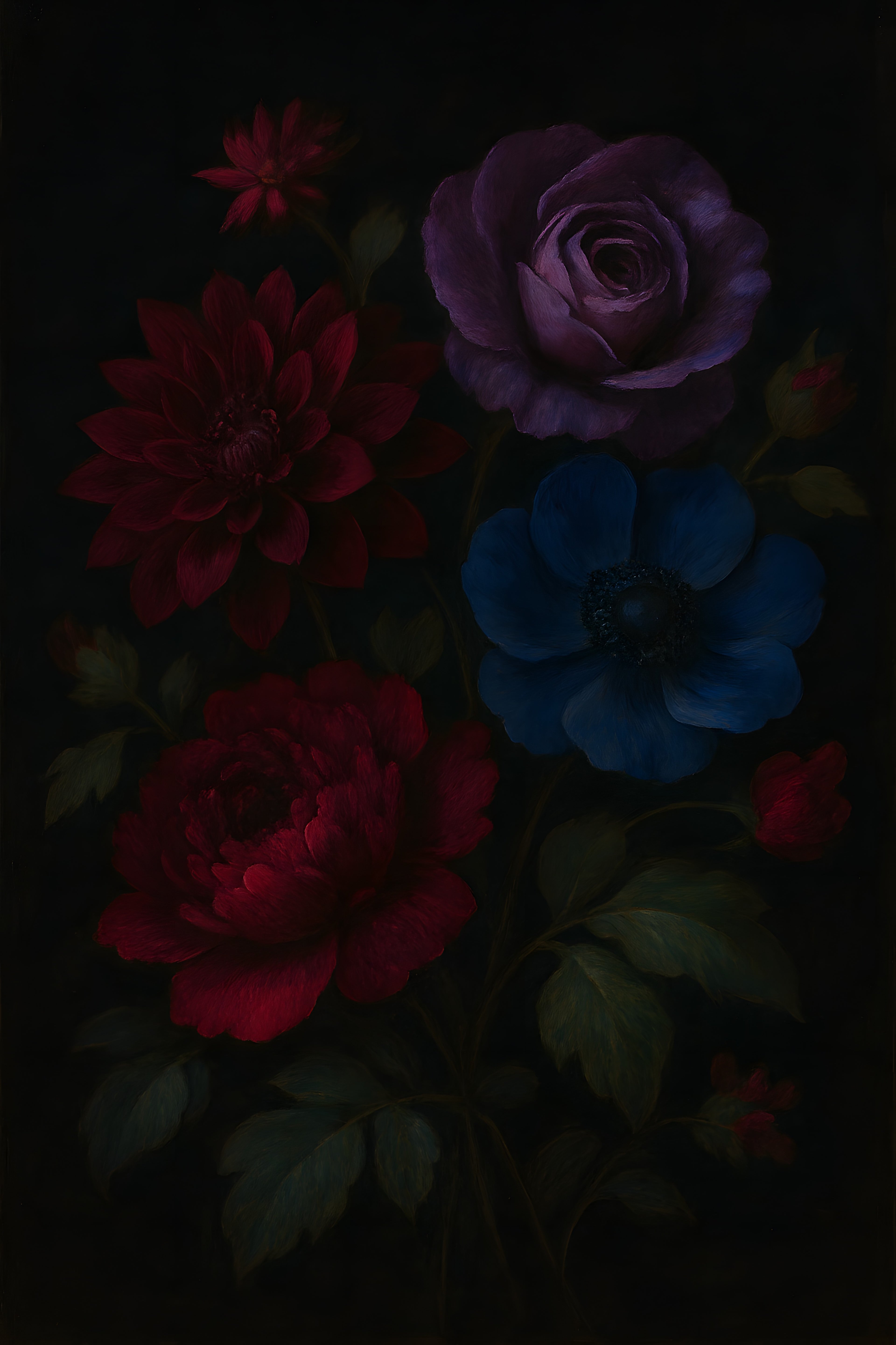 Dark botanical print with deep jewel-toned flowers on bla... | Printable Wall Art | Instant Download