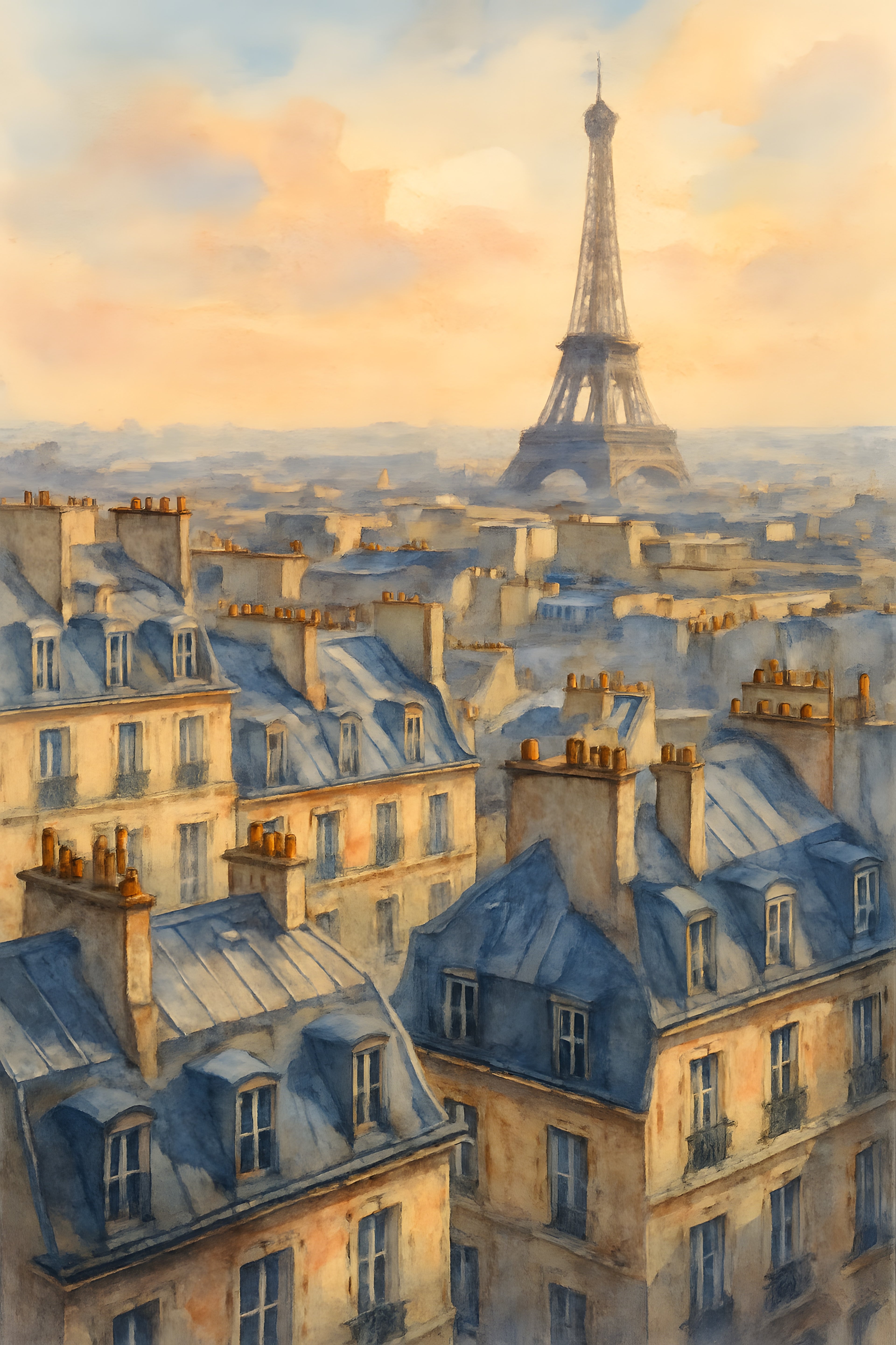 Paris rooftop view with Eiffel Tower in distance | Printable Wall Art | Instant Download