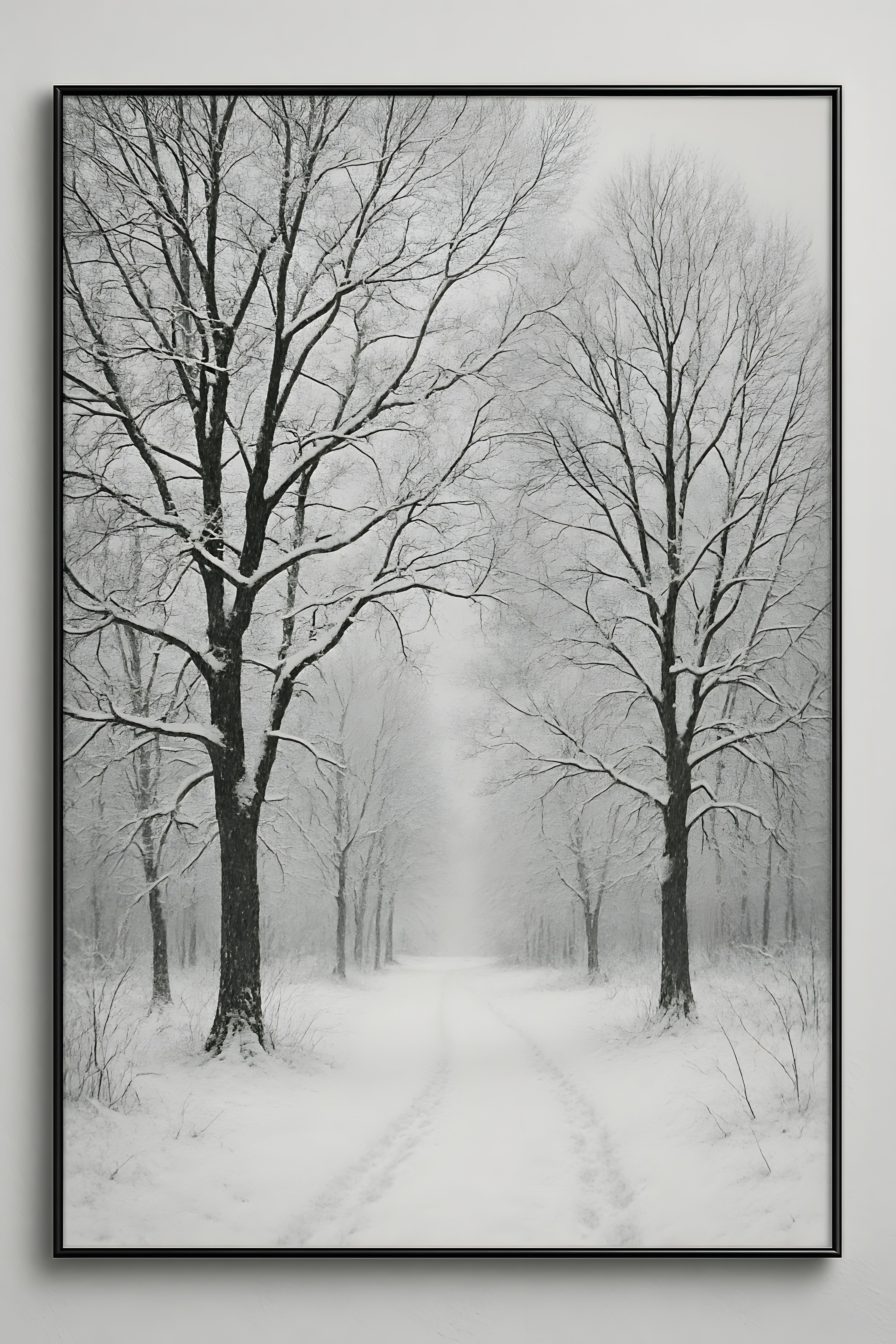 Black and white winter landscape with snow-covered path a... | Printable Wall Art | Instant Download