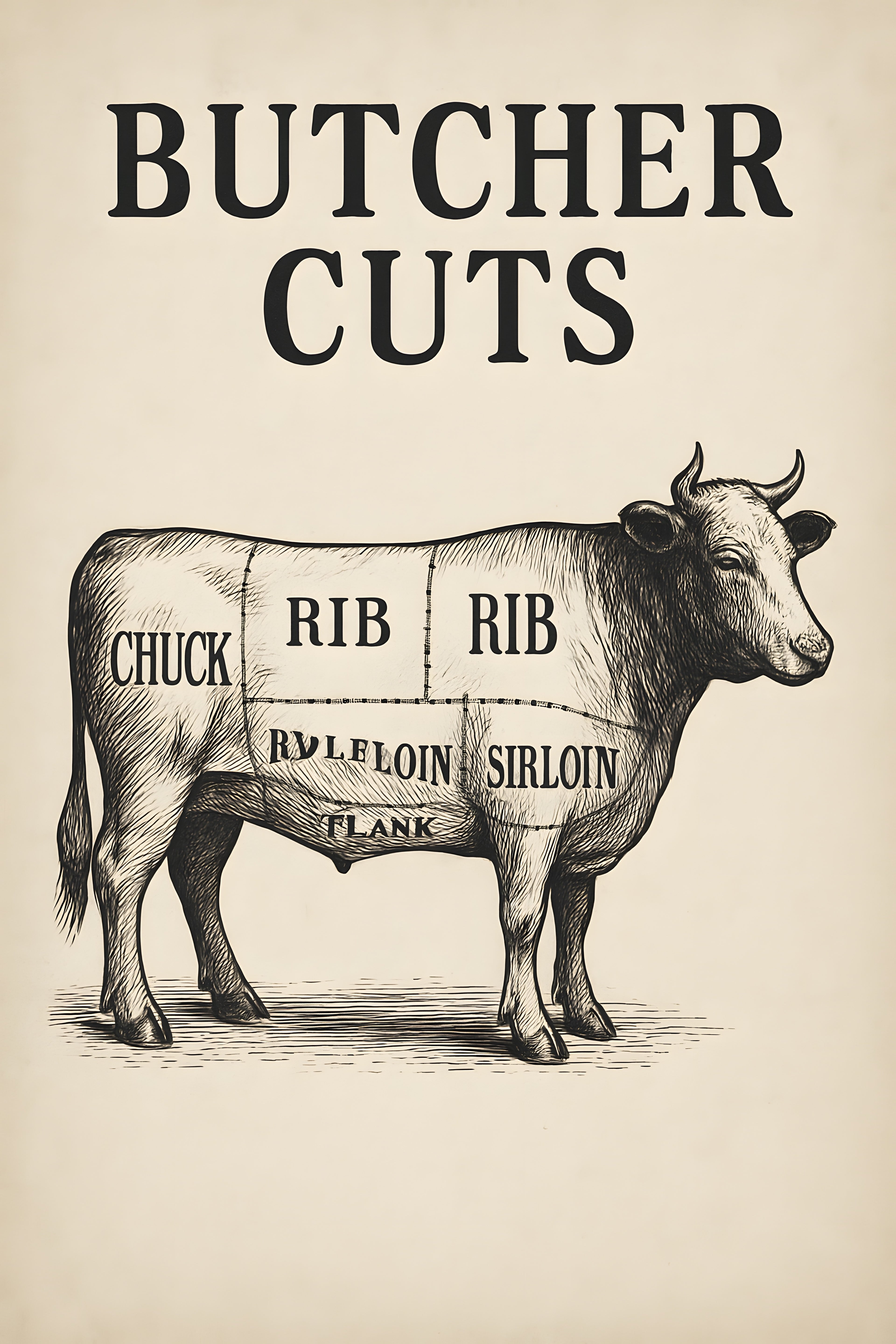 Vintage butcher cuts chart with illustrated meat diagram | Printable Wall Art | Instant Download
