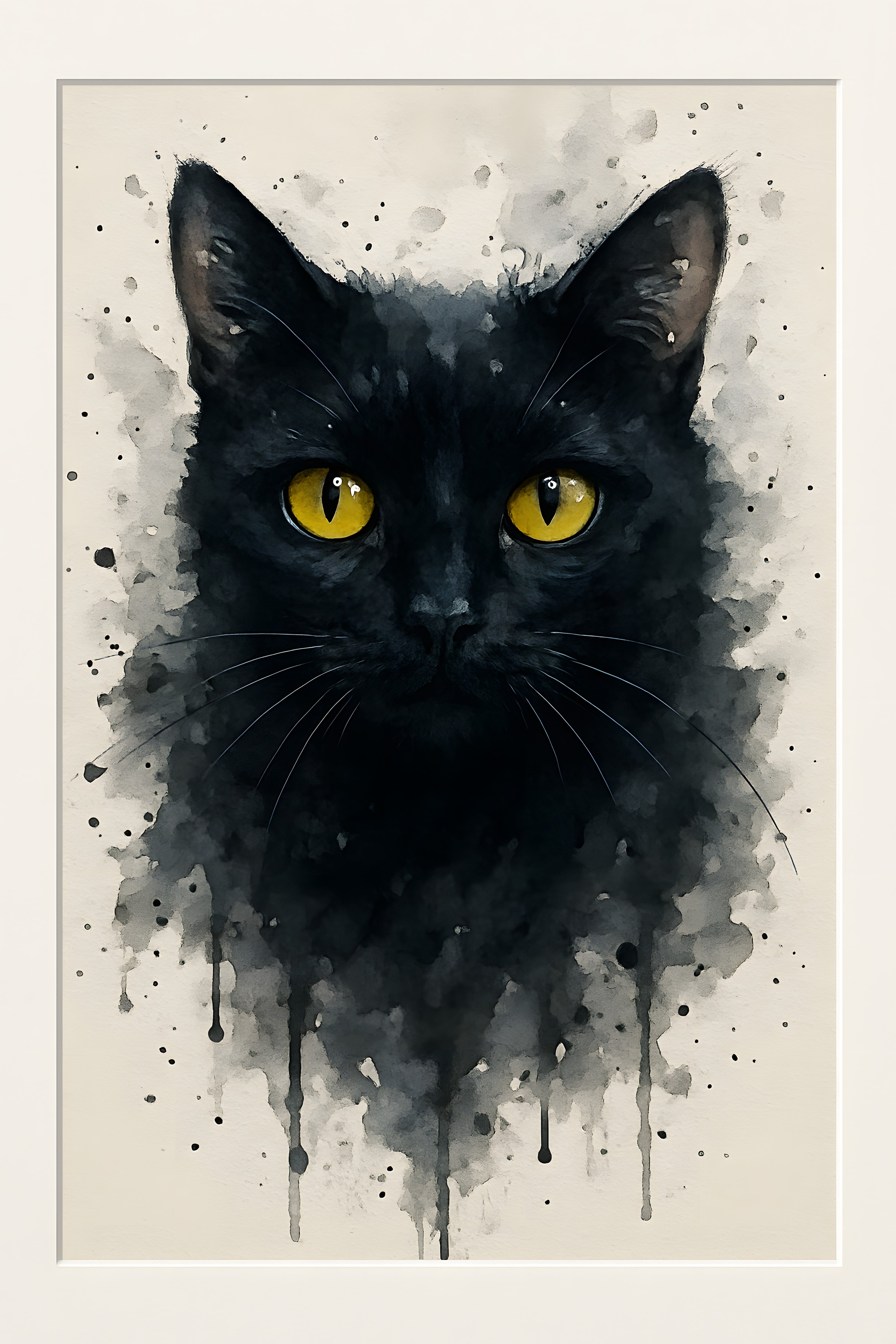 Watercolor black cat portrait with yellow eyes | Printable Wall Art | Instant Download