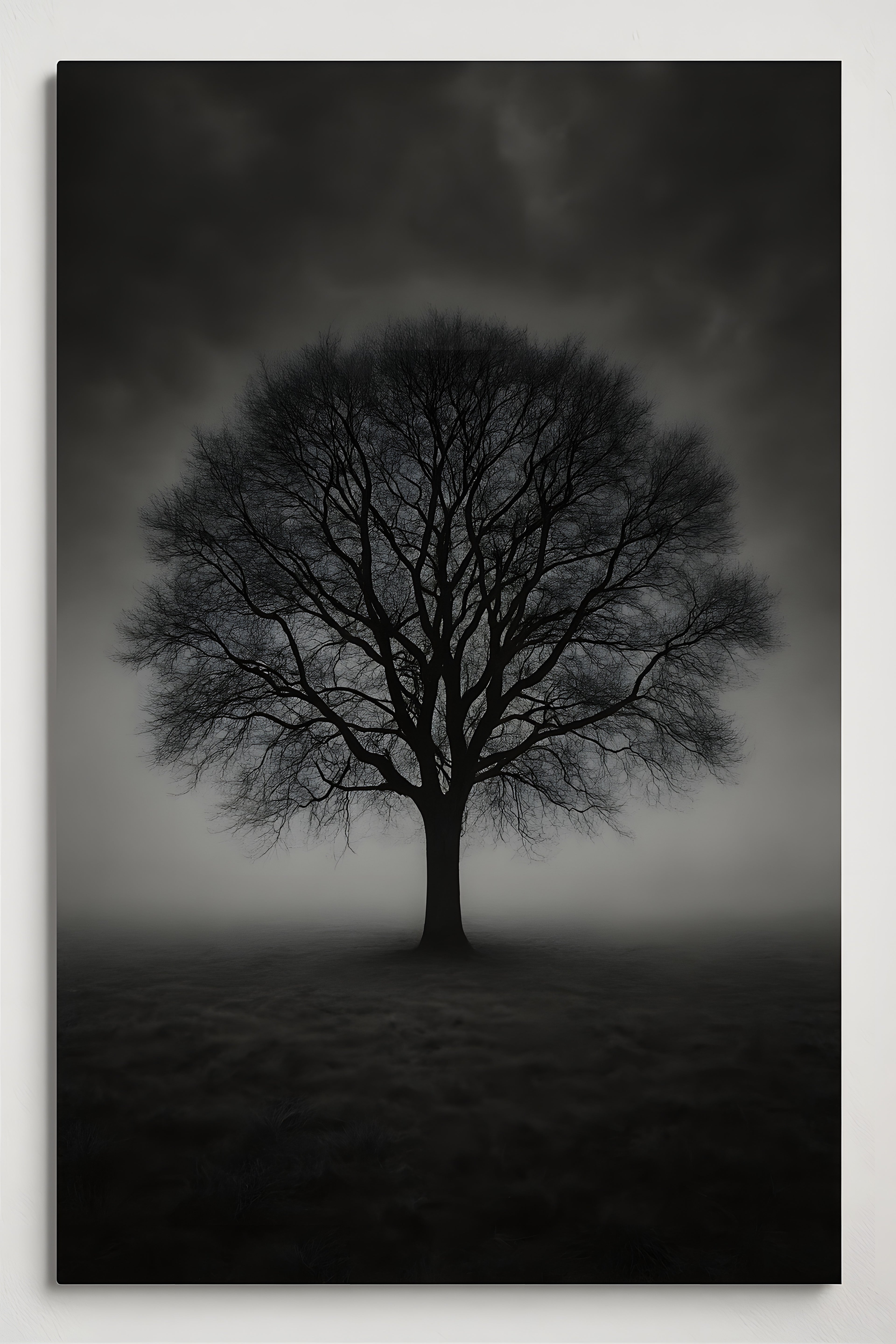 Black and white photograph of a lone tree in misty field | Printable Wall Art | Instant Download