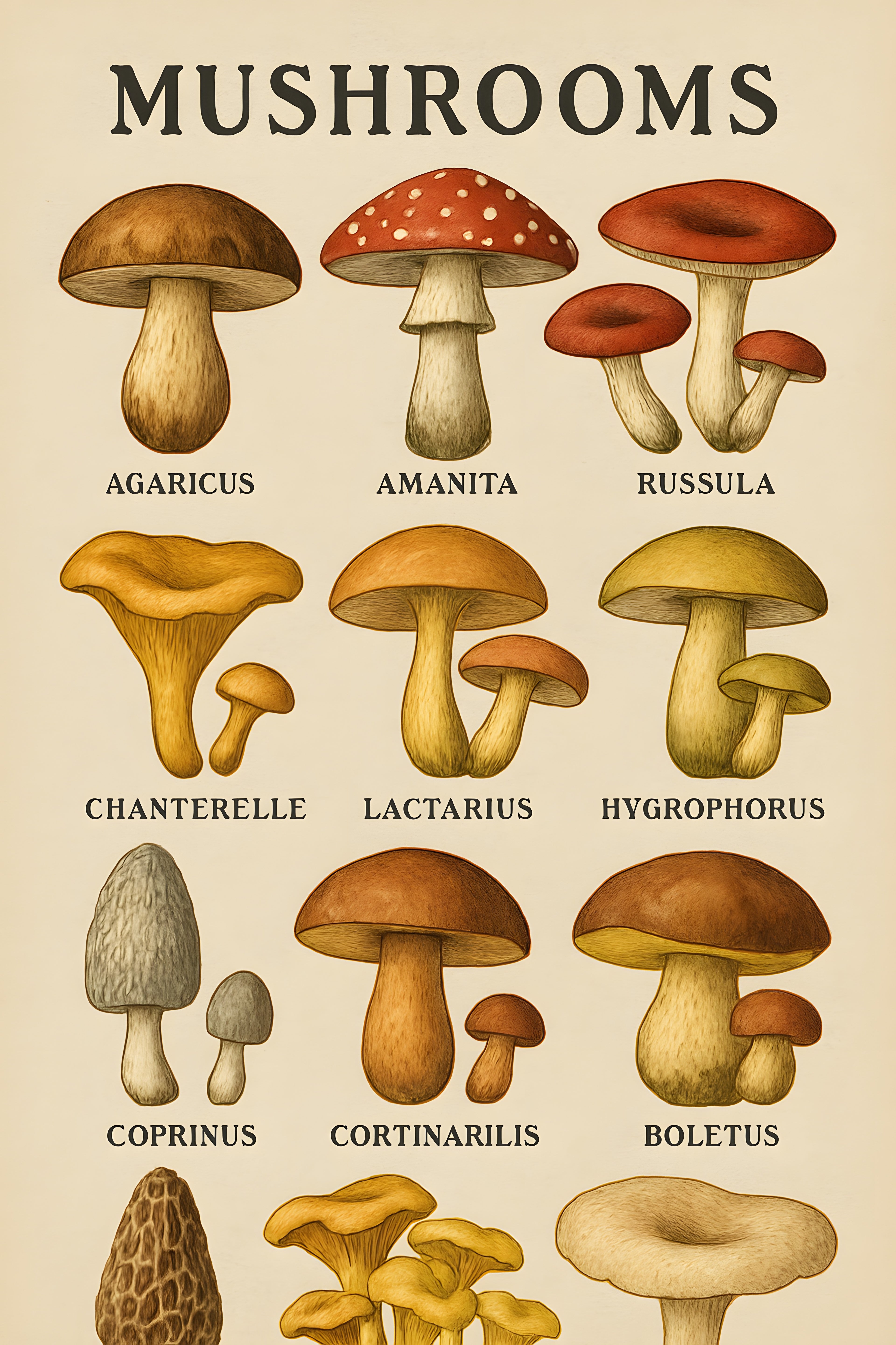Vintage-style mushroom identification chart with illustra... | Printable Wall Art | Instant Download