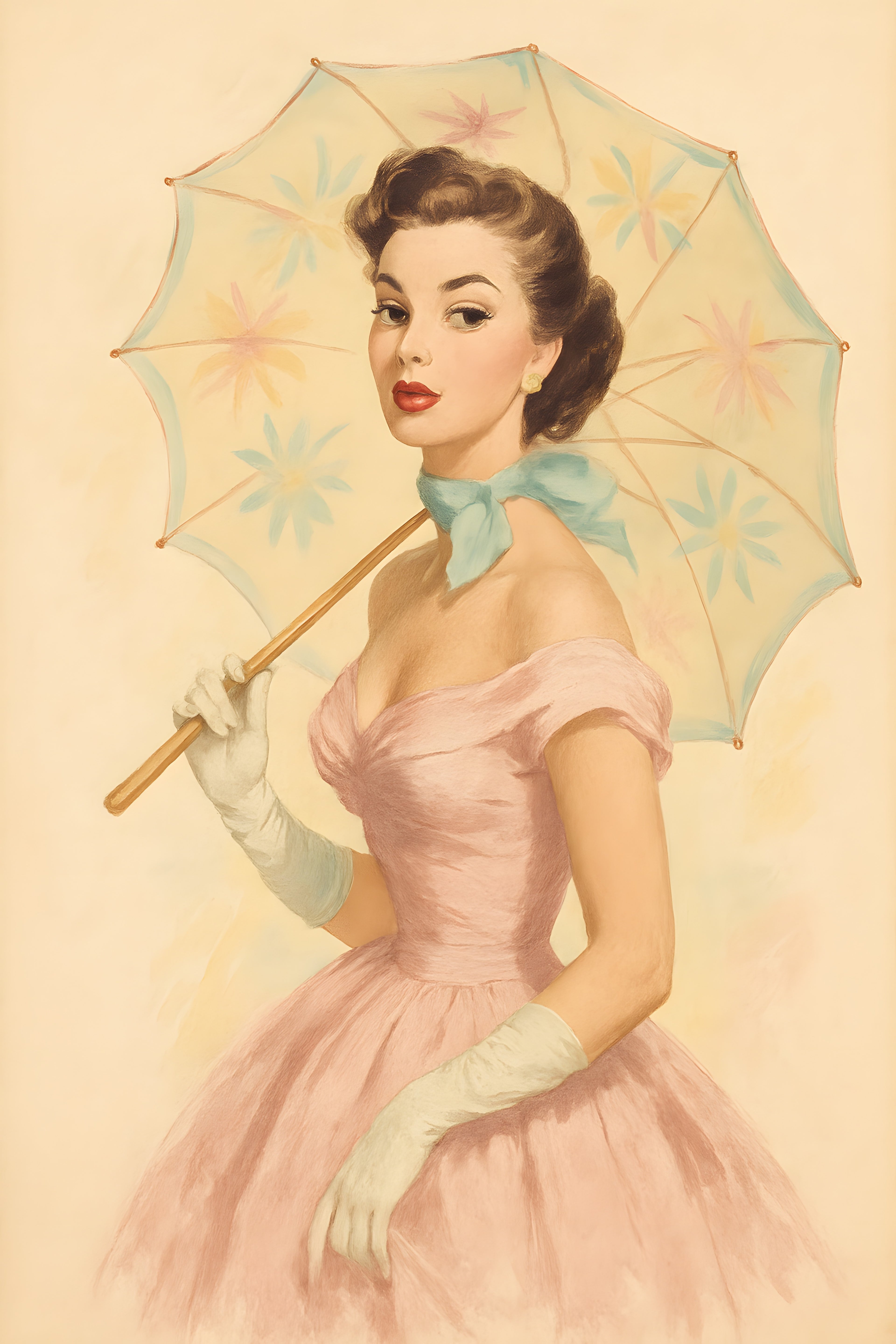 Vintage 1950s fashion illustration of woman with parasol | Printable Wall Art | Instant Download