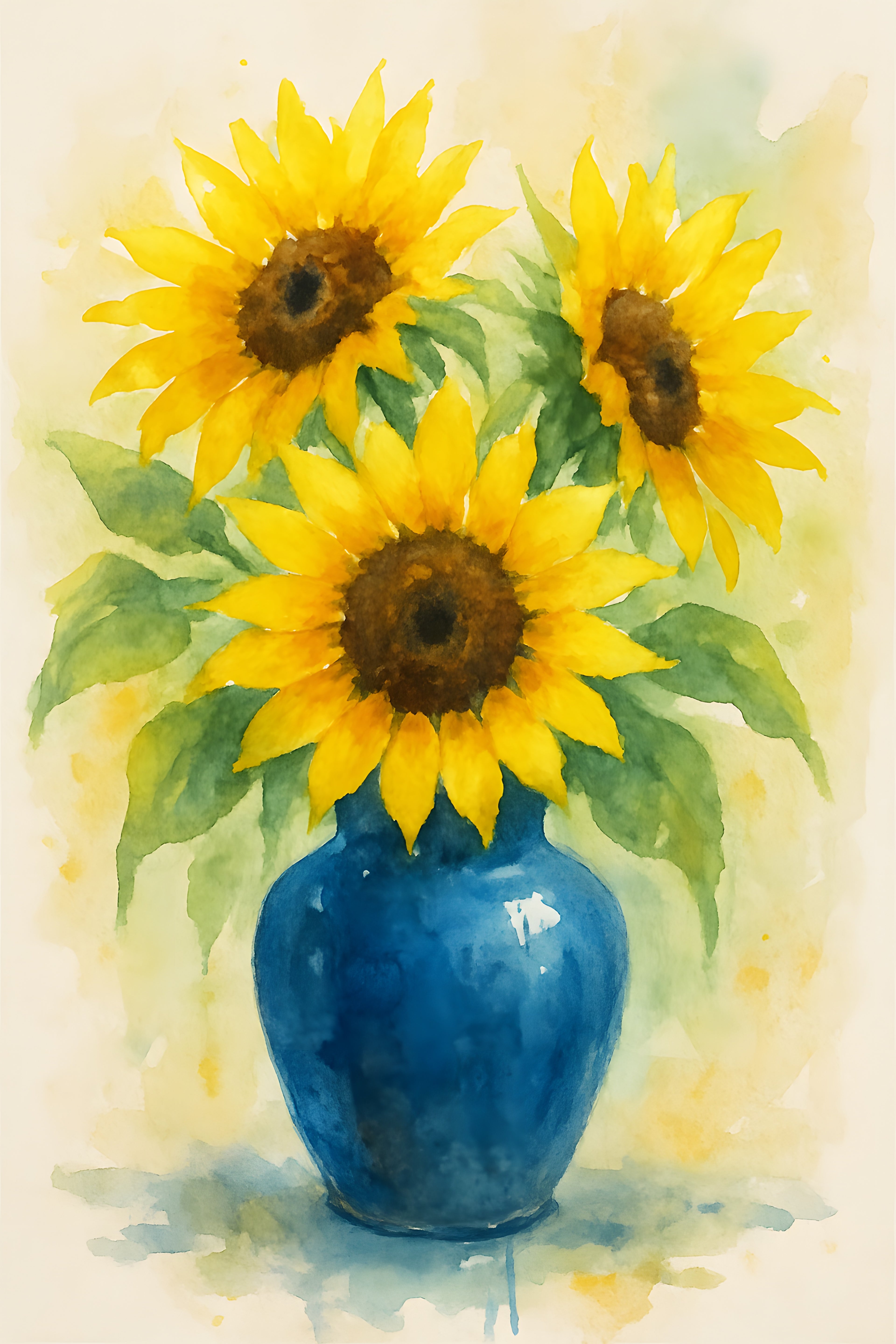 Watercolor still life of sunflowers in a blue ceramic vase | Printable Wall Art | Instant Download
