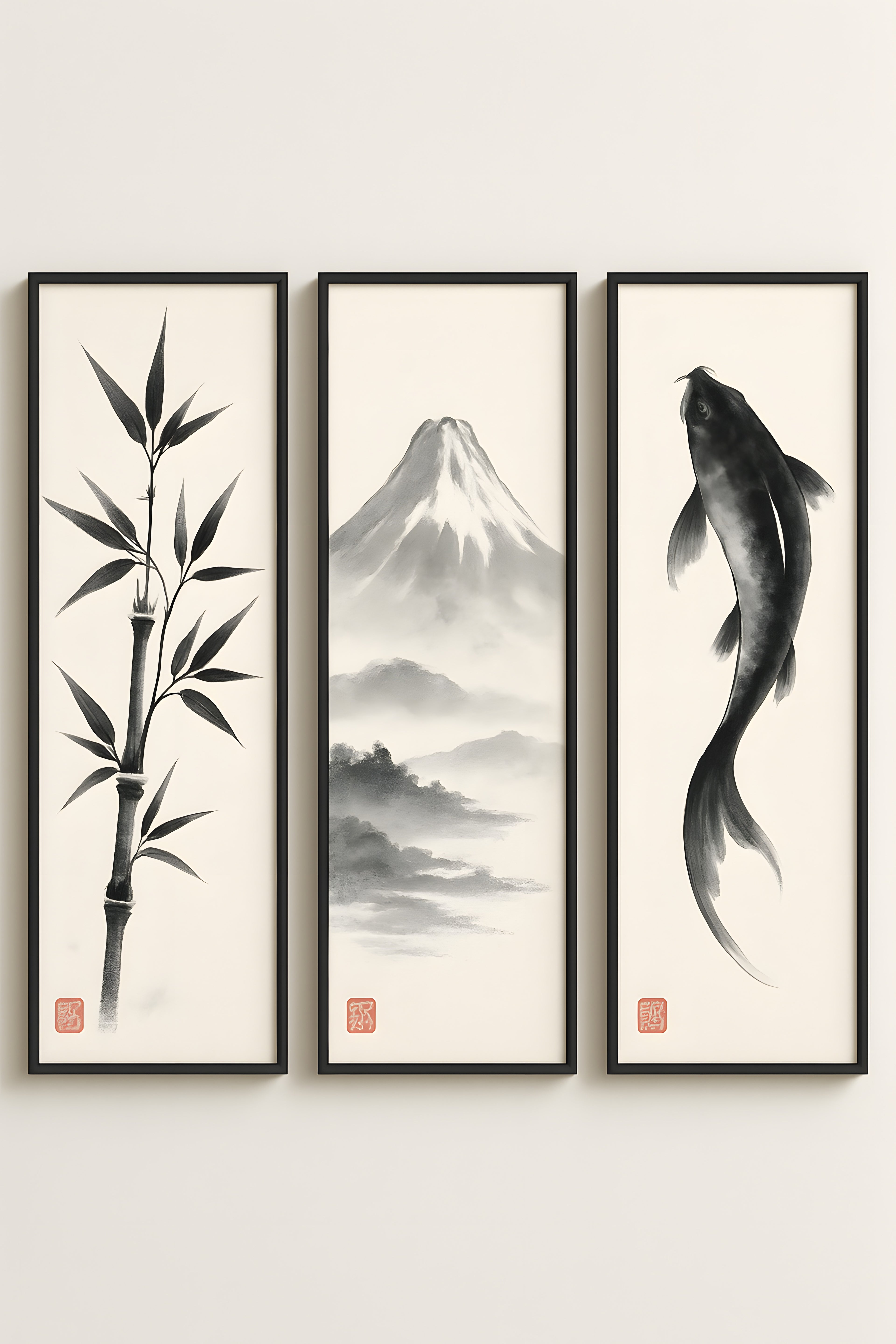 Three-piece Japanese ink wash set: bamboo | Printable Wall Art | Instant Download