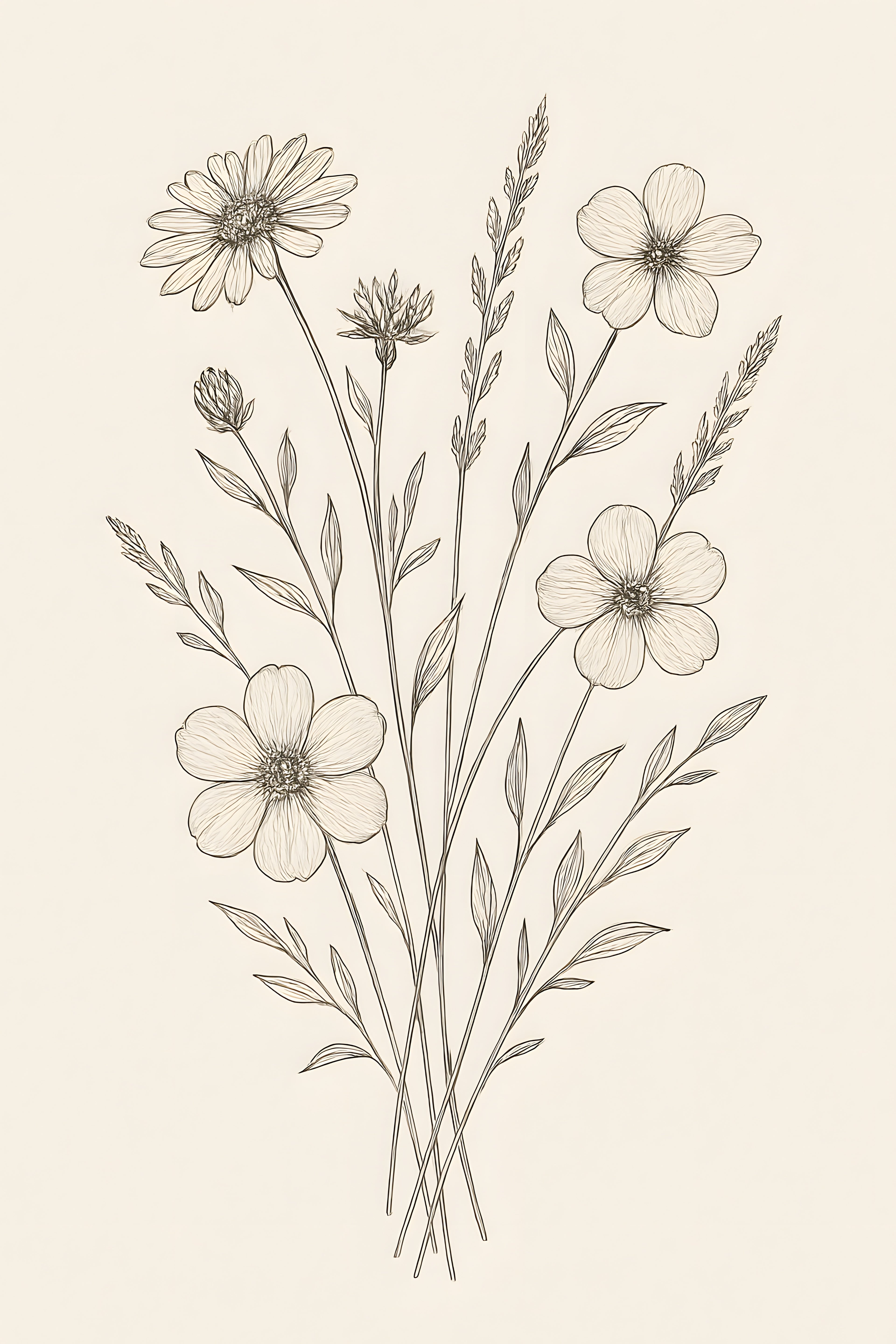Fine line botanical illustration of wildflower bouquet | Printable Wall Art | Instant Download