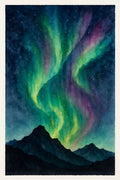 Watercolor Northern lights over mountain silhouette | Printable Wall Art | Instant Download