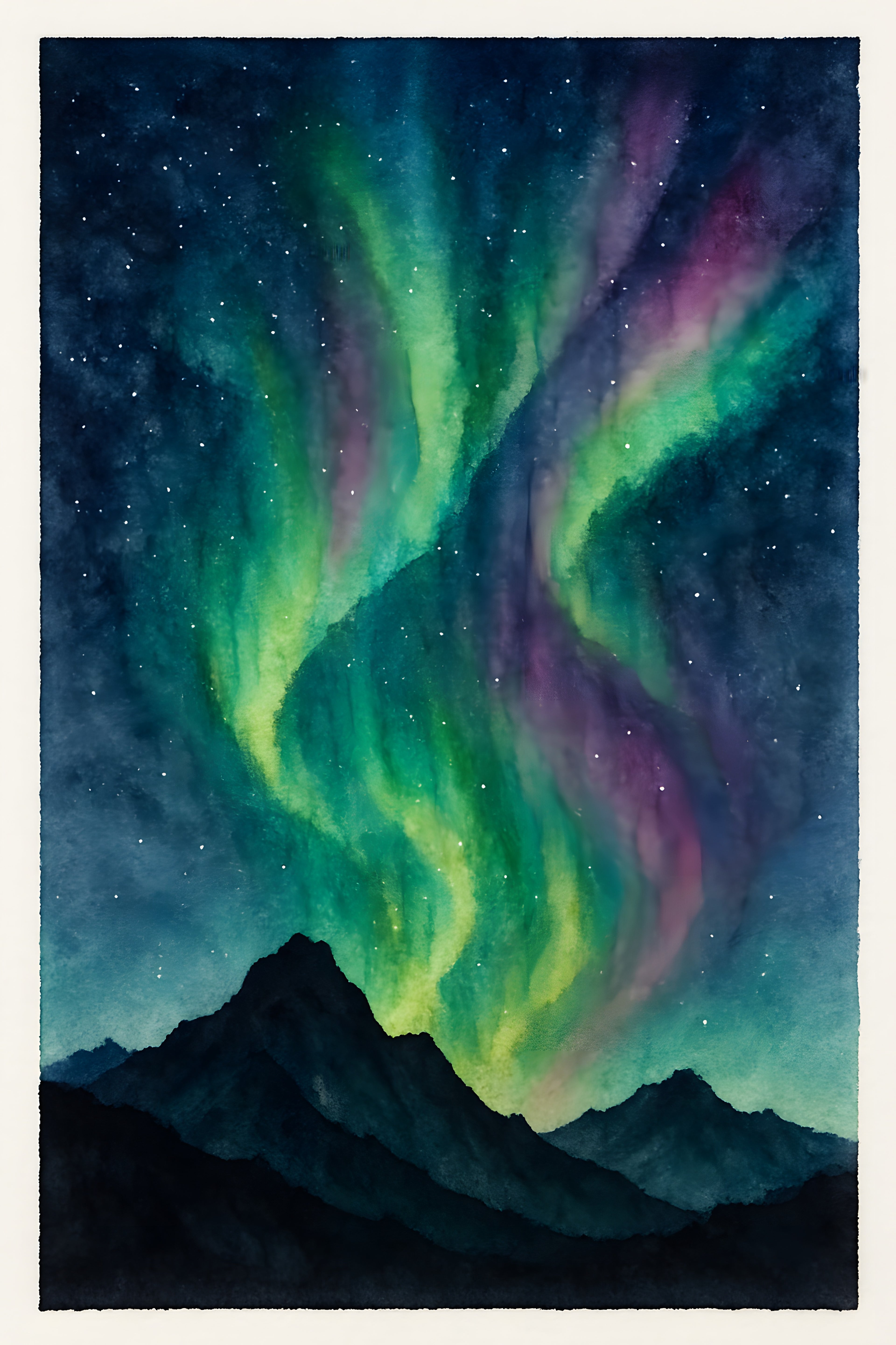 Watercolor Northern lights over mountain silhouette | Printable Wall Art | Instant Download