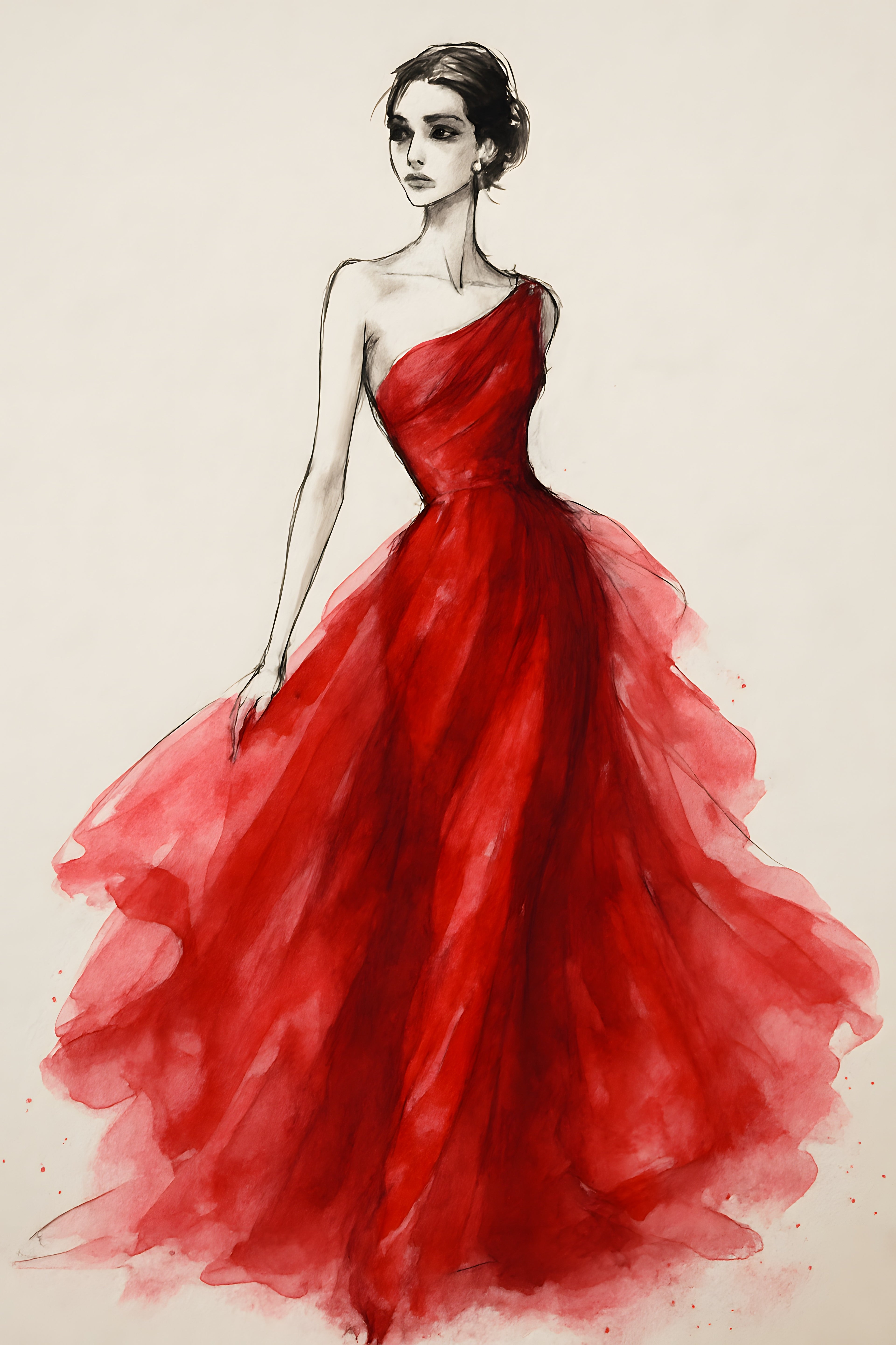 Fashion illustration of elegant woman in flowing red gown | Printable Wall Art | Instant Download