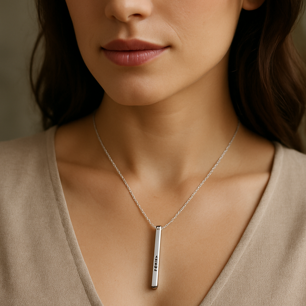Personalized Vertical Bar Necklace • Custom Engraved lifestyle photo